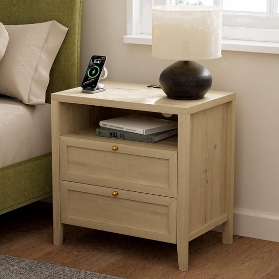 EYYTHUNG Modern Nightstand with Drawers Wooden End Table with Charging Station Farmhouse Night Stand Bedside Side Table with Storage, Light Oak