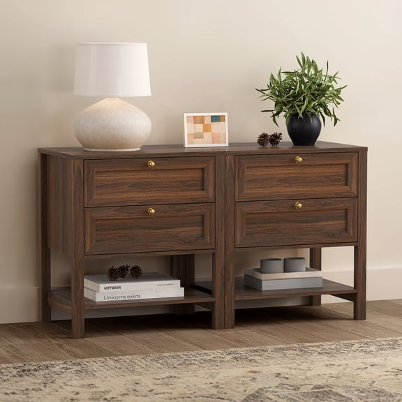 EYYTHUNG Modern Nightstand Set of 2 with Drawers, Farmhouse Wood Bedside Table Large End Table with Open Shelf, Brown