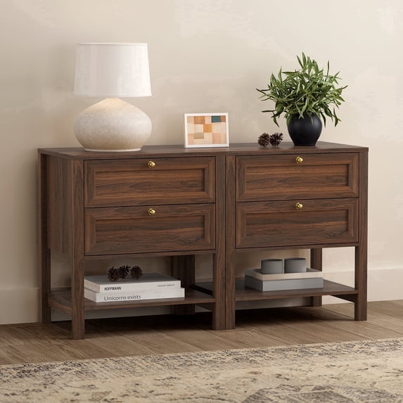 EYYTHUNG Modern Nightstand Set of 2 with Drawers, Farmhouse Wood Bedside Table with Open Shelf, Large End Table, Brown