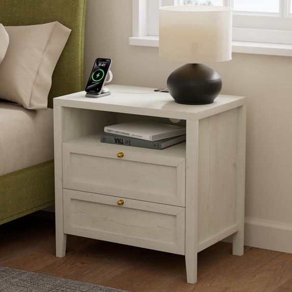 EYYTHUNG Modern Nightstand with Drawers Wooden End Table with Charging Station Farmhouse Night Stand Bedside Side Table with Storage, Antique White