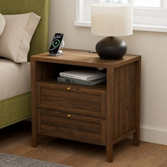 EYYTHUNG Modern Nightstands with 2 Drawers Wooden End Table with Charging Station Farmhouse Night Stand Bedside Side Table with Storage Open Shelf, Brown