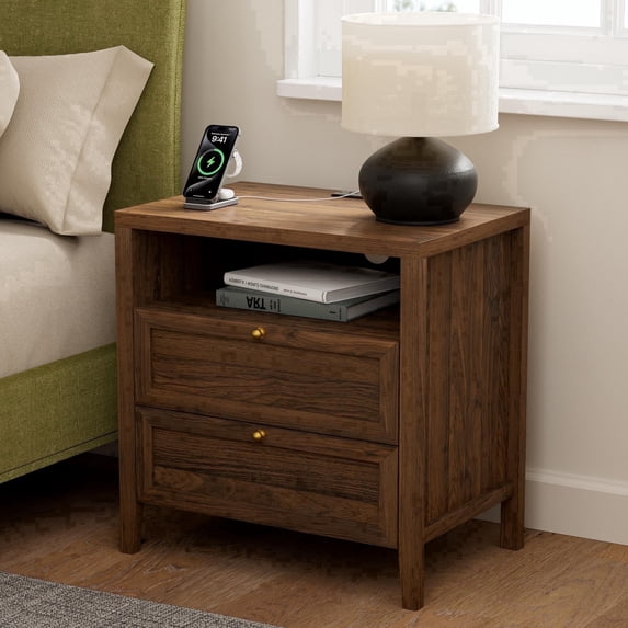 EYYTHUNG Modern Nightstands with 2 Drawers Wooden End Table with Charging Station Farmhouse Night Stand Bedside Side Table with Storage Open Shelf, Brown