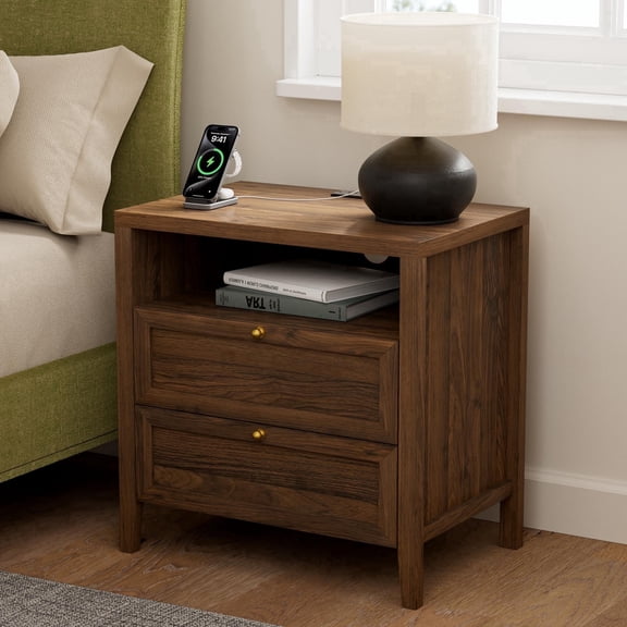 EYYTHUNG Modern Nightstands with 2 Drawers Wooden End Table with Charging Station Farmhouse Night Stand Bedside Side Table with Storage Open Shelf, Brown