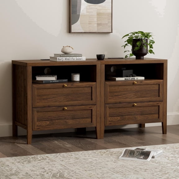 EYYTHUNG Modern Nightstands Set of 2 with 2 Drawers Wooden End Table with Charging Station Farmhouse Night Stand Bedside Side Table with Storage, Brown