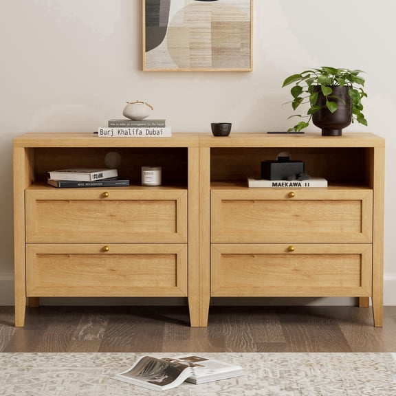 EYYTHUNG Modern Nightstands Set of 2 with 2 Drawers Wooden End Table with Charging Station Farmhouse Night Stand Bedside Side Table with Storage Open Shelf, Nautral Oak
