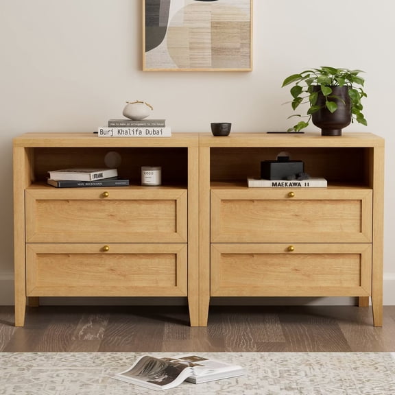 EYYTHUNG Modern Nightstands Set of 2 with 2 Drawers Wooden End Table with Charging Station Farmhouse Night Stand Bedside Side Table with Storage Open Shelf, Nautral Oak