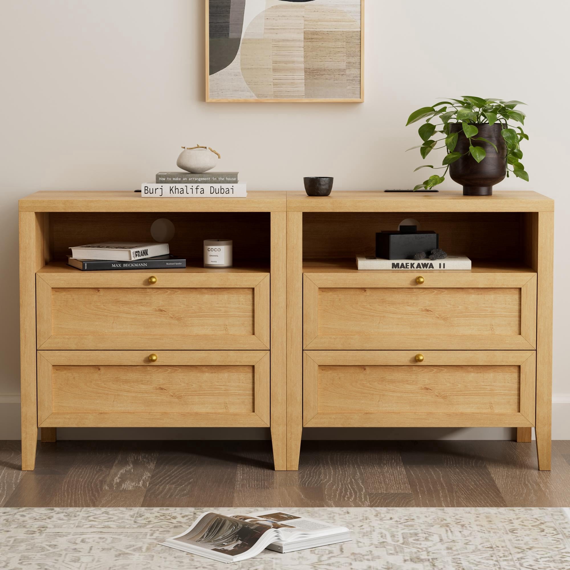 EYYTHUNG Modern Nightstands Set of 2 with 2 Drawers Wooden End Table with Charging Station Farmhouse Night Stand Bedside Side Table with Storage Open Shelf, Nautral Oak
