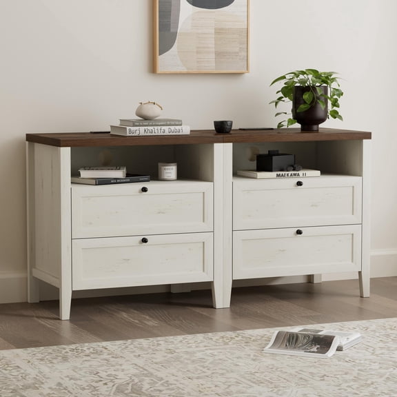 EYYTHUNG Modern Nightstands Set of 2 with Drawers Wooden End Table with Charging Station Farmhouse Night Stand Bedside Side Table with Storage Open Shelf, Rustic White/Honey Brown