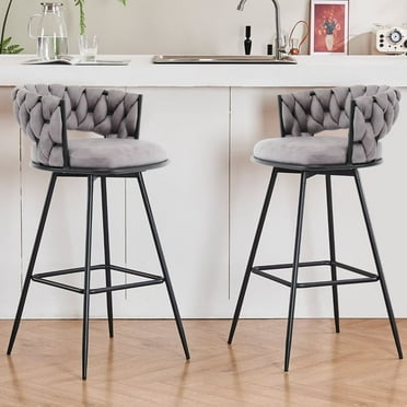 EYYTHUNG Modern Swivel Bar Stools Set of 2, Suede Fabric Woven Design Bar Chairs with Back Support & Footrest Height Barstools, Dark Grey