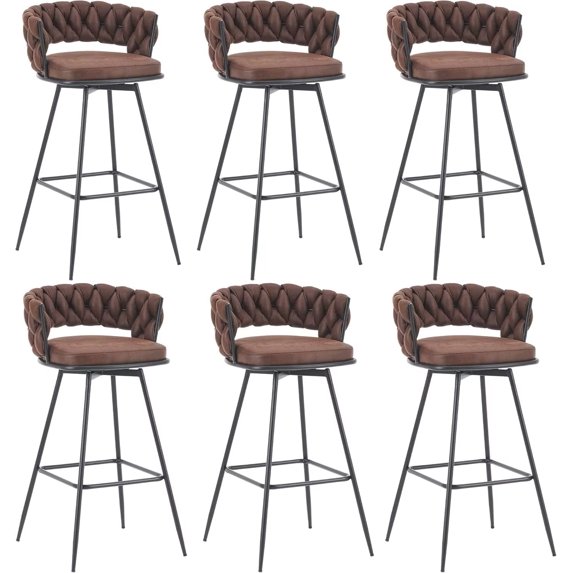 EYYTHUNG Modern Swivel Bar Stools Set of 6, Suede Fabric Woven Design Bar Chairs with Back Support & Footrest Height Barstools, Brown