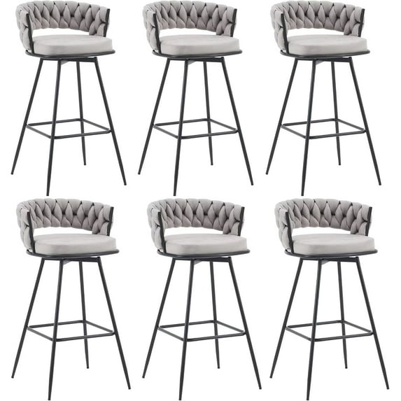 EYYTHUNG Modern Swivel Bar Stools Set of 6, Suede Fabric Woven Design Bar Chairs with Back Support & Footrest Height Barstools, Grey