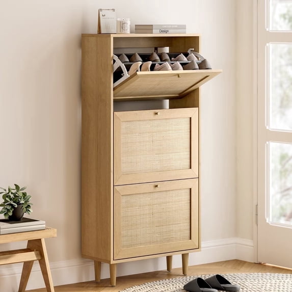 EYYTHUNG Natural Oak Rattan Shoe Cabinet, Entryway Storage Organizer with 3 Hidden Flip Drawers & Wood Legs, Freestanding Narrow Shoe Rack for Compact Spaces