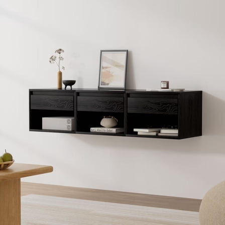 EYYTHUNG Nightstand Wall Mount Set of 3, Wall Mounted Bedside Table with Storage Drawer and Open Shelf, Modern Night Stand with Handless Design, Black