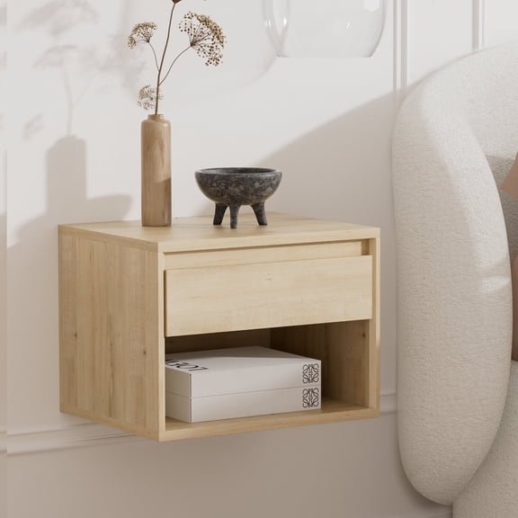 EYYTHUNG Nightstand Wall Mount, Wall Mounted Bedside Table with Storage Drawer and Open Shelf, Modern Night Stand with Handless Design, Light Oak