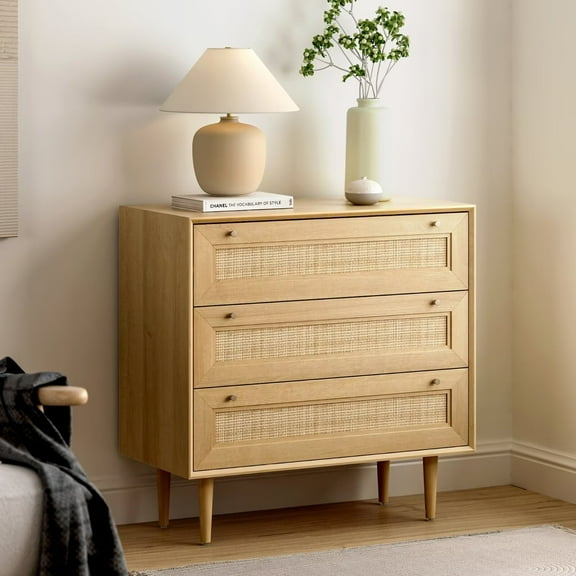 EYYTHUNG Rattan 3 Drawer Dresser, Modern Boho Wooden Storage Cabinets, Corner Bedside Table, Natural Oak