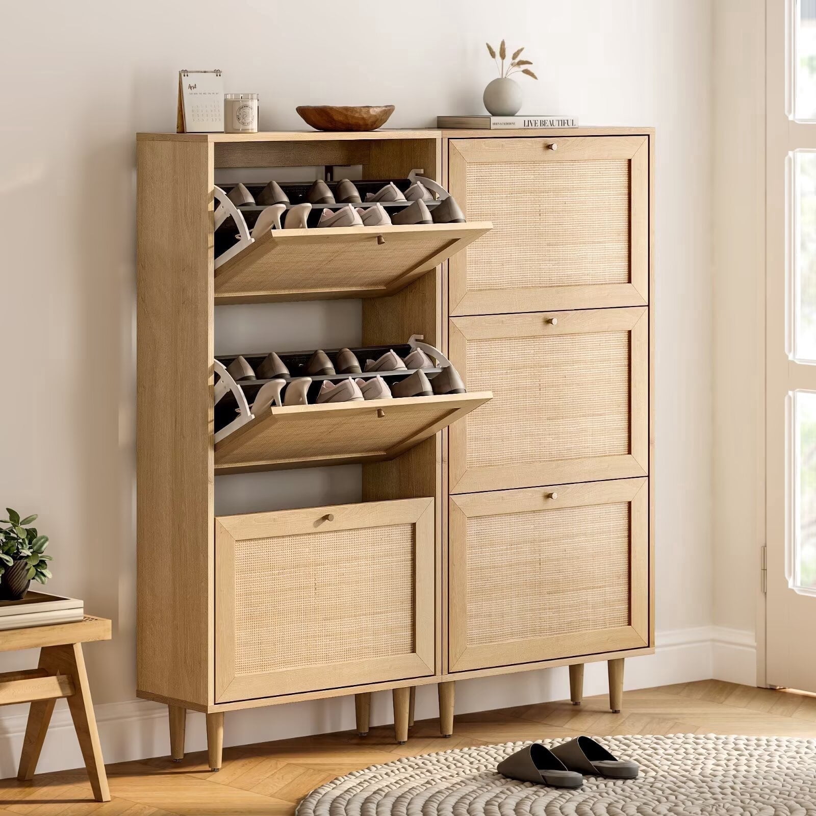 Openable Drawer EYYTHUNG Rattan Shoe Cabinet Set of 2, Entryway Storage Organizer with ...