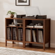 EYYTHUNG Record Player Stand Set of 2 with Vinyl Record Storage Holds up to 180 Albums, Large Turntable Stand Dispaly Shelf, Farmhouse Wood End Table, Brown