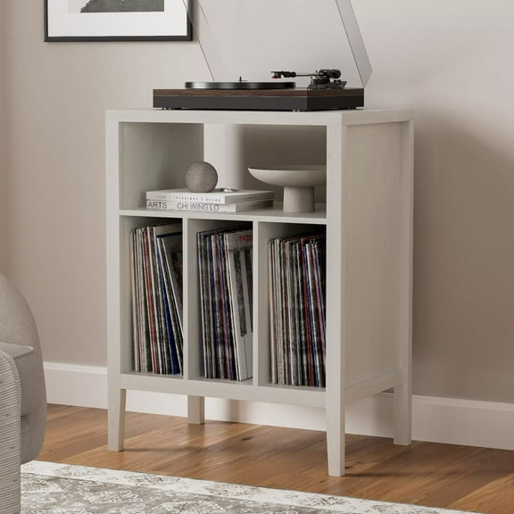 EYYTHUNG Record Player Stand with Vinyl Record Storage Holds up to 180 Albums, Large Turntable Stand Dispaly Shelf, Farmhouse Wood End Table, Antique White