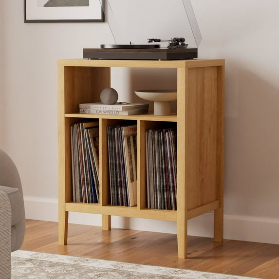 EYYTHUNG Record Player Stand with Vinyl Record Storage Holds up to 180 Albums, Large Turntable Stand Dispaly Shelf, Farmhouse Wood End Table, Natural Oak
