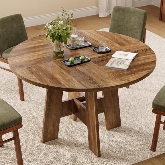 EYYTHUNG Round Dining Table for 4-6 People, 47 Farmhouse Kitchen Table with Sturdy Legs, Rustic Wooden Circle Dinner Table for Dining Room, Living Room, Honey Brown(Table Only)
