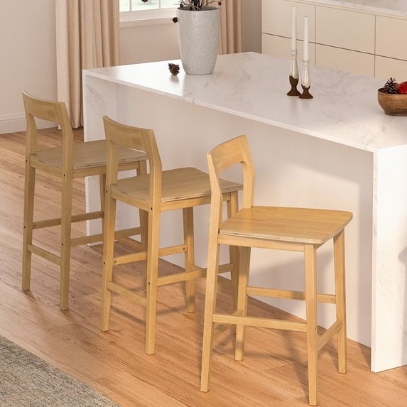 EYYTHUNG Set of 3 Modern Farmhouse Bar Stools 25 inch Mid-Century Solid Wood Counter Height Stools with Back Support Barstools Chairs for Kitchen Dining Room, Natural Oak