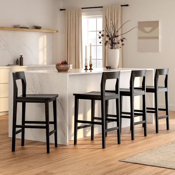 EYYTHUNG Farmhouse Wooden Bar Stools Set of 4, Mid Century Modern Counter Height Stools with Solid Wood Legs & Back, 25" Armless Barstools Chairs, Black