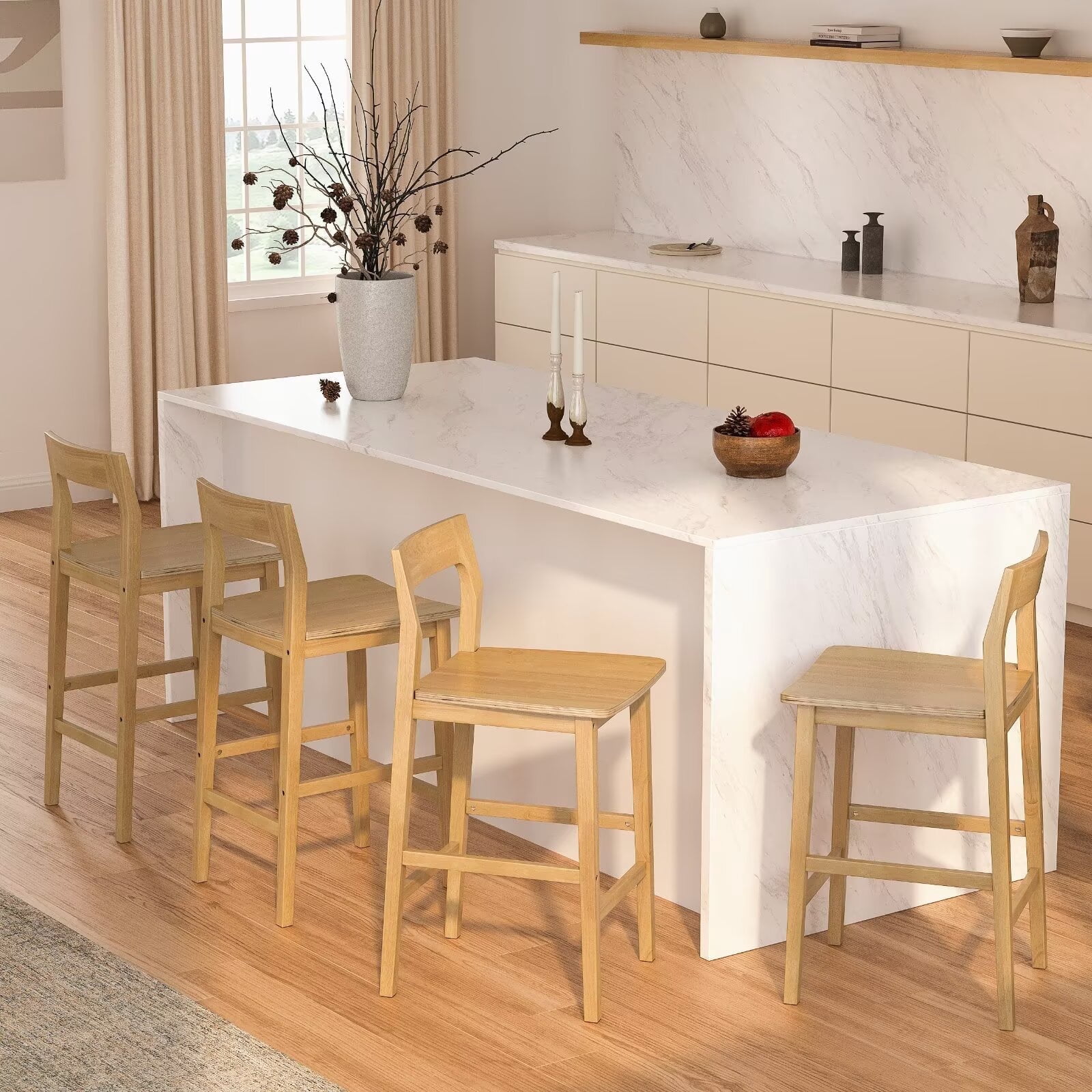 EYYTHUNG Set of 4 Modern Farmhouse Bar Stools 25 inch Mid-Century Solid Wood Counter Height Stools with Back Support Barstools Chairs for Kitchen Dining Room, Natural Oak
