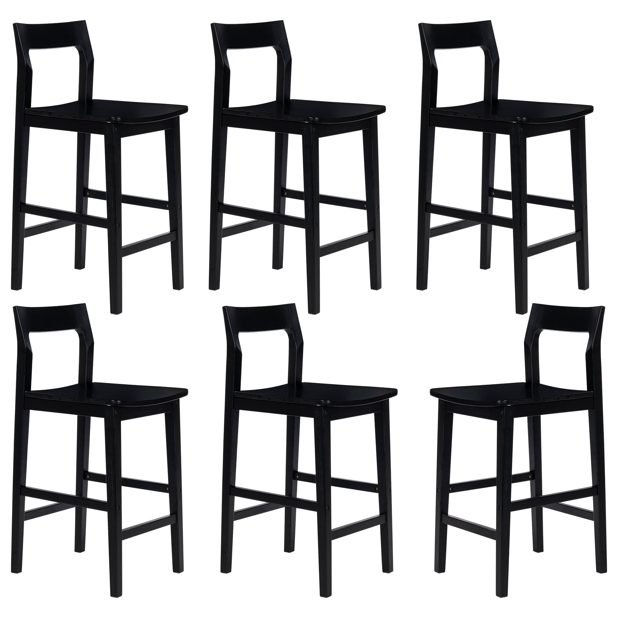 EYYTHUNG Modern Farmhouse Wooden Bar Stools Set of 6, 25-inch Mid Century Solid Wood Counter Height Stools with Back Support Barstools Chairs, Black