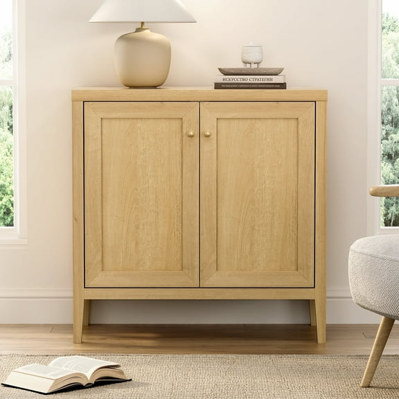 EYYTHUNG Farmhouse Credenza Sideboard Buffet Cabinet with Adjustable Shelves, Credenza Versatile Storage Cabinet Accent Furniture, Natural Oak