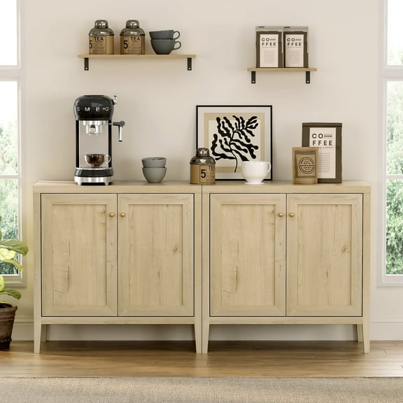 EYYTHUNG Sideboard Buffet Cabinet Set of 2 with Adjustable Shelves, Farmhouse Credenza Versatile Storage Cabinet Accent Furniture, Light Oak