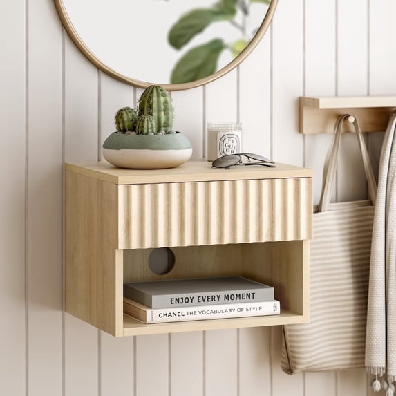 EYYTHUNG Small Floating Nightstand with Drawer, Modern Wall Mounted Bedside Table with Fluted Door & Open Shelf for Bedroom, Entryway Storage, Light Oak