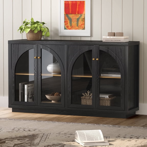 EYYTHUNG Storage Cabinet Arched Sideboard Buffet Cabinet Accent Display with Acrylic Door, Black Oak