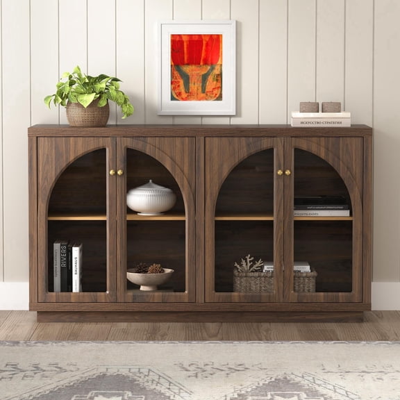 EYYTHUNG Storage Cabinet Arched Sideboard Buffet Cabinet Accent Display with Acrylic Door, Brown Oak