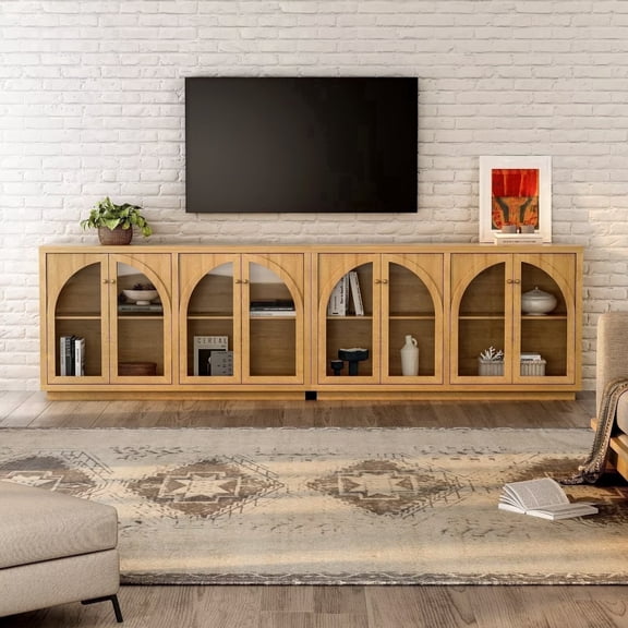 EYYTHUNG Storage Cabinet Set of 2, Arched Sideboard Buffet Cabinet Accent Display with Acrylic Door, Natural Oak