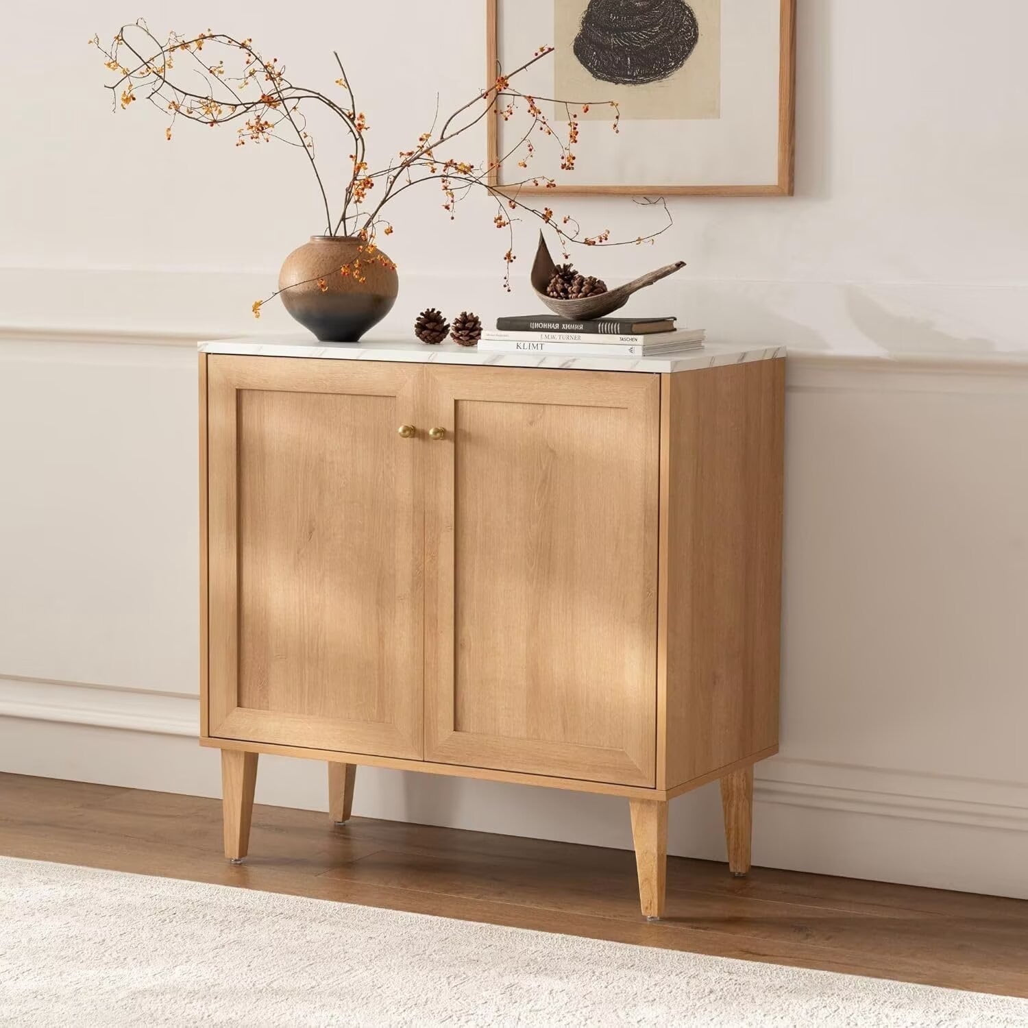 EYYTHUNG Modern Accent Cabinet with Faux Marble Top, Adjustable Shelves, 31.5 x 15.75 x 31.5 in