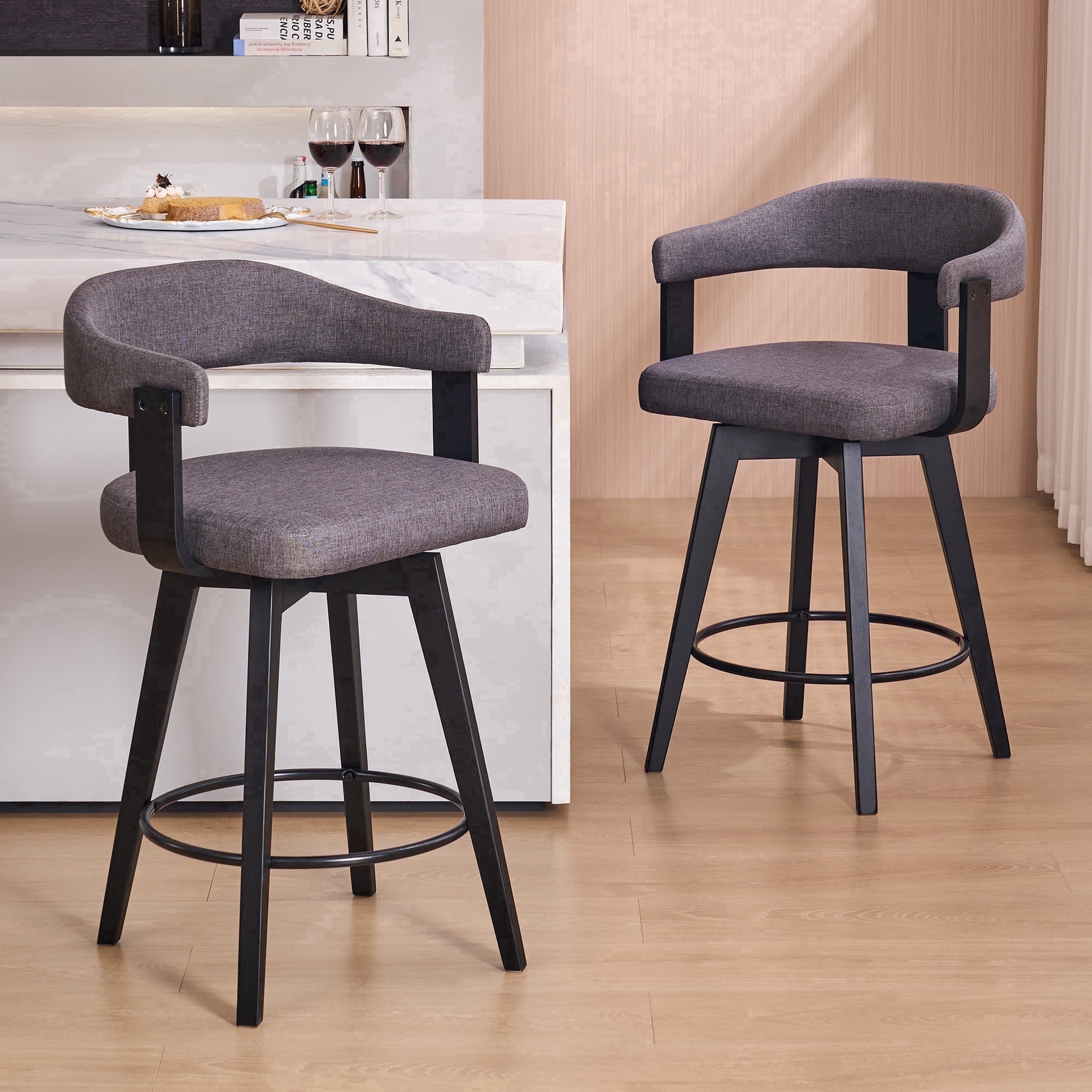 EYYTHUNG Swivel Bar Stools Set of 2, 26" Counter Height Bar Chairs with Curved Back and Armrest Modern Linen Upholstered Wood Barstools, Black/Dark Grey Linen