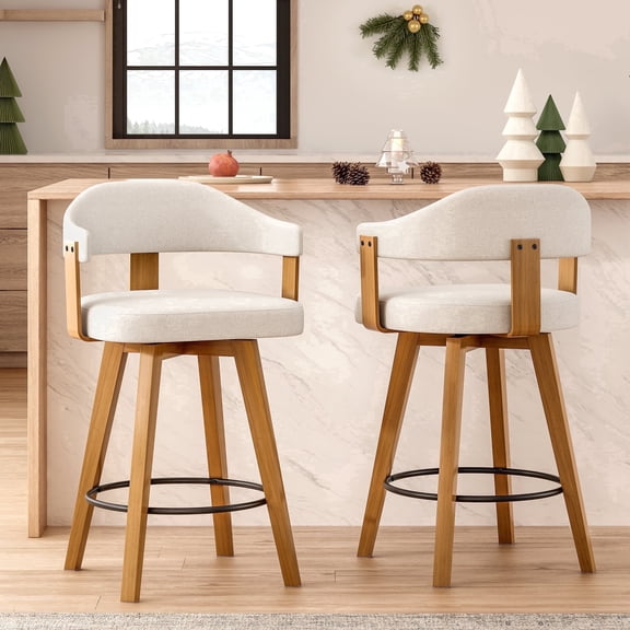 EYYTHUNG Swivel Bar Stools Set of 2, Modern Curved-Back 26-Inch Counter Barstools with Armrests, Linen Upholstered Wooden Stools for Kitchen Island & Home Bar Seating, Beige