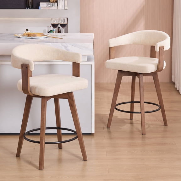 EYYTHUNG Swivel Bar Stools Set of 2, Modern Curved-Back 26-Inch Counter Barstools with Armrests, Wooden Stools for Kitchen Island & Home Bar Seating, Brown/Beige Chenille