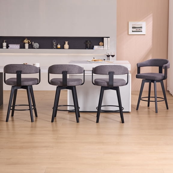 EYYTHUNG Swivel Bar Stools Set of 4, 26" Counter Height Bar Chairs with Curved Back and Armrest Modern Linen Upholstered Wood Barstools, Black/Dark Grey Linen