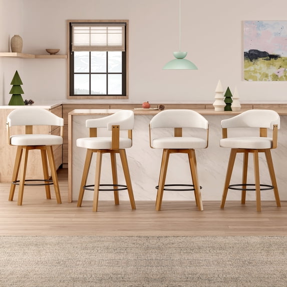 EYYTHUNG Swivel Bar Stools Set of 4, Modern Curved-Back 26-Inch Counter Barstools with Armrests, Linen Upholstered Wooden Stools for Kitchen Island & Home Bar Seating, Beige