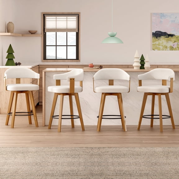 EYYTHUNG Swivel Bar Stools Set of 4, Modern Curved-Back 26-Inch Counter Barstools with Armrests, Linen Upholstered Wooden Stools for Kitchen Island & Home Bar Seating, Beige