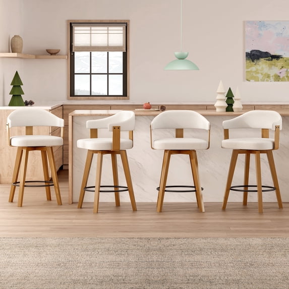 EYYTHUNG Swivel Bar Stools Set of 4, Modern Curved-Back 26-Inch Counter Barstools with Armrests, Linen Upholstered Wooden Stools for Kitchen Island & Home Bar Seating, Beige