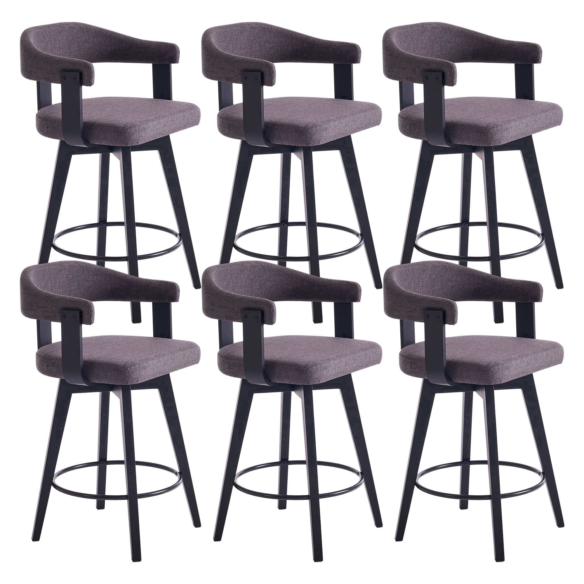 EYYTHUNG Swivel Bar Stools Set of 6, 26" Counter Height Bar Chairs with Curved Back and Armrest Modern Linen Upholstered Wood Barstools, Black/Dark Grey Linen
