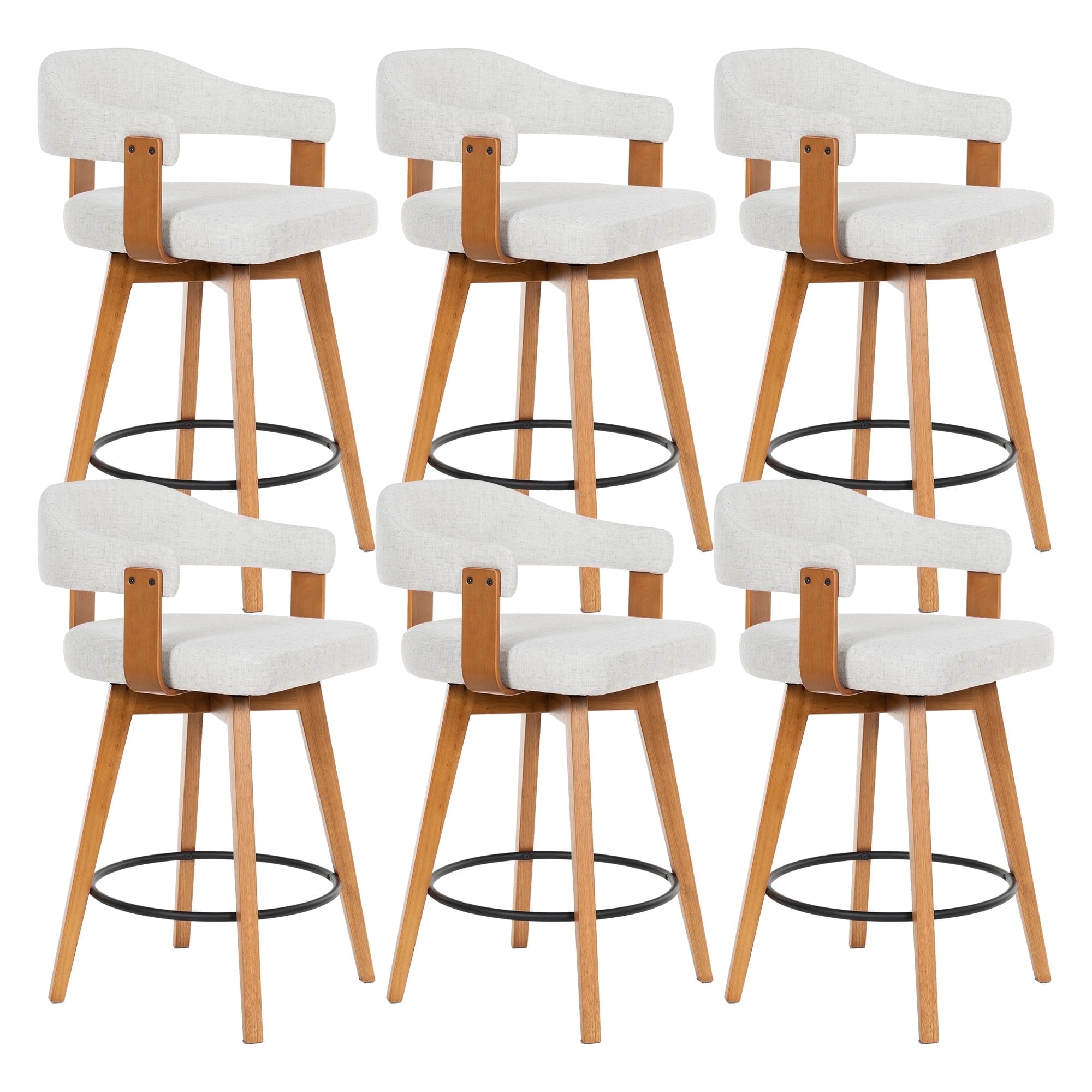 EYYTHUNG Swivel Bar Stools Set of 6, Modern Curved-Back 26-inch Counter Barstools with Armrests, Linen Upholstered Wooden Stools for Kitchen & Home Bar Seating, Beige