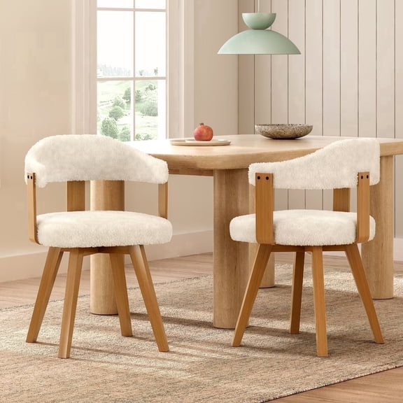 EYYTHUNG Swivel Dining Chairs Set of 2, Mid Century Modern Boucle Dining Chairs with Arms and Wood Legs, Upholstered Kitchen Chairs, White and Natural Oak