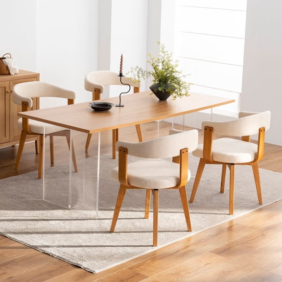 EYYTHUNG Swivel Dining Chairs Set of 4,Upholstered Chenille Dining Chairs with Arms and Wood Legs,Mid Century Modern Kitchen Chairs, Beige and Dark Oak