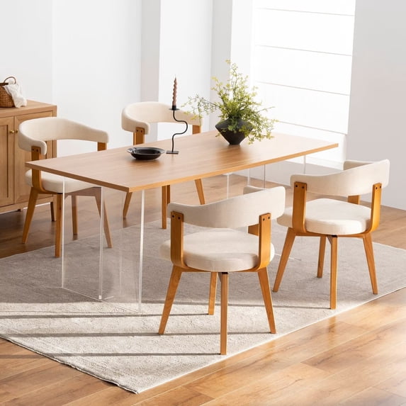 EYYTHUNG Swivel Dining Chairs Set of 4,Upholstered Chenille Dining Chairs with Arms and Wood Legs,Mid Century Modern Kitchen Chairs, Beige and Dark Oak