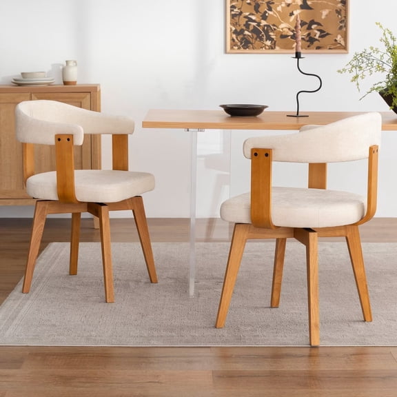 EYYTHUNG Swivel Dining Chairs Set of 4,Upholstered Chenille Dining Chairs with Arms and Wood Legs,Mid Century Modern Kitchen Chairs, Beige and Dark Oak