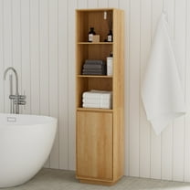 EYYTHUNG Tall Bathroom Storage Cabinet Mid Century Modern Freestanding Cabinets with Adjustable Shelves No Handle Design, Natural Oak