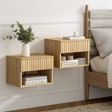 EYYTHUNG Wall-Mounted Floating Nightstand Set of 2, Modern Fluted Cabinet Bedside Table with Drawer & Storage Shelf for Small Spaces, Natural Oak